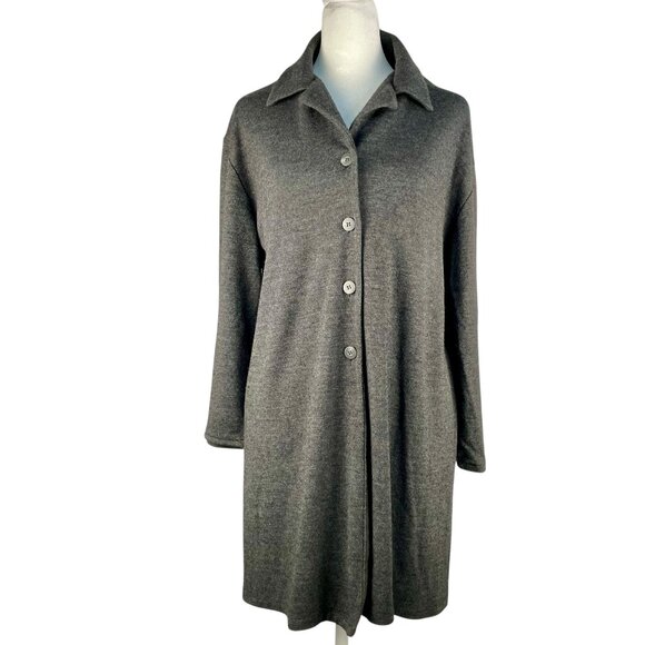 Lord & Taylor Long Grey Wool Button-Front Coatigan Vintage Collared Knit Coat L - Picture 2 of 13
